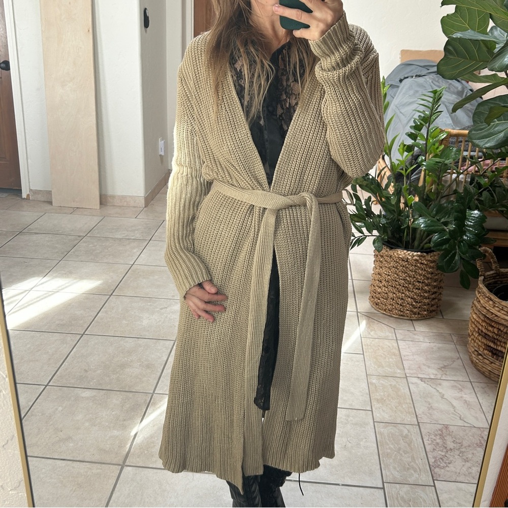 100% Silk Anne Klein Knit Long Beige Cardigan Sweater Old Money, Women’s S